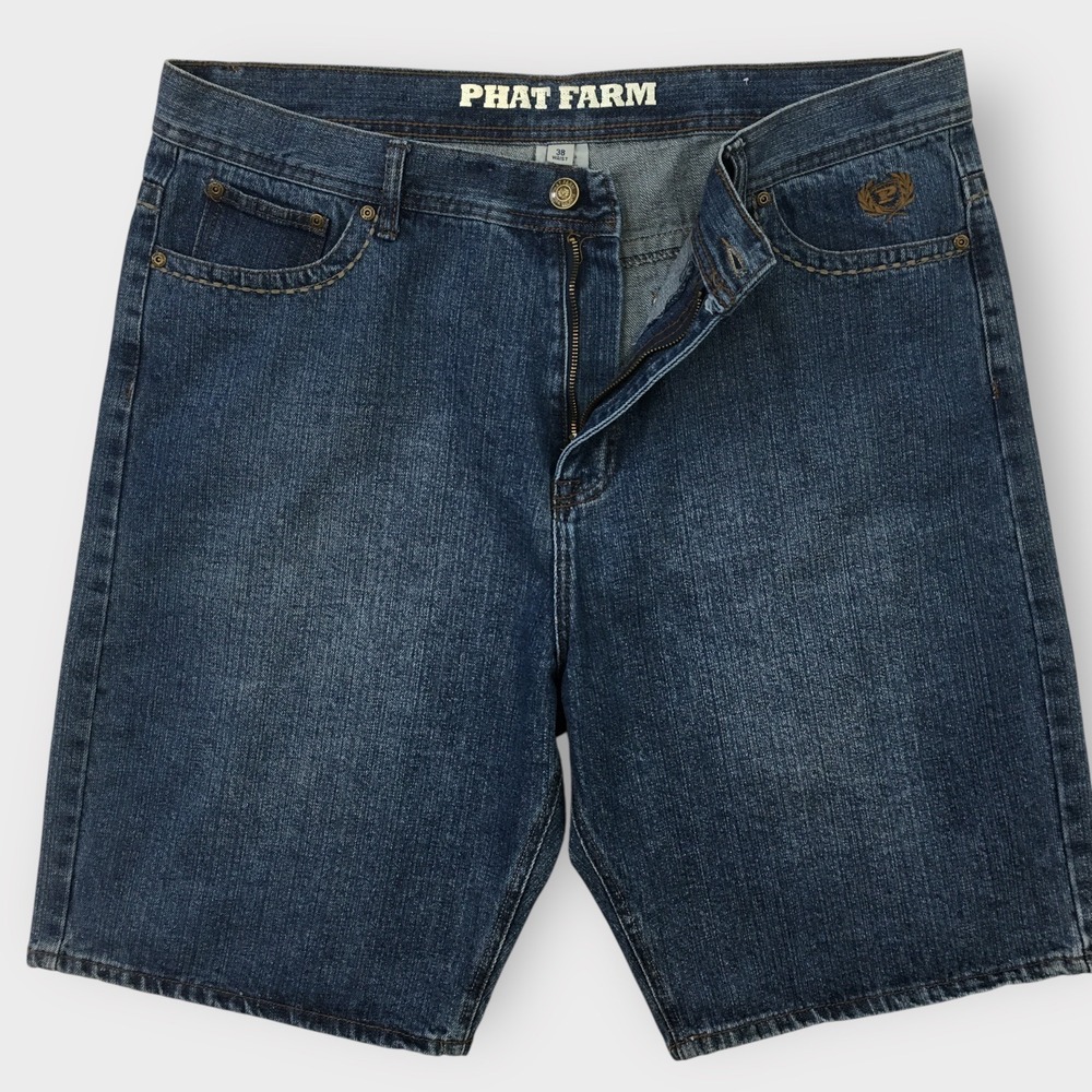 Vintage Phat Farm‎ Denim Shorts Y2K Baggy Logo Pockets Blue Jean Shorts Size 38